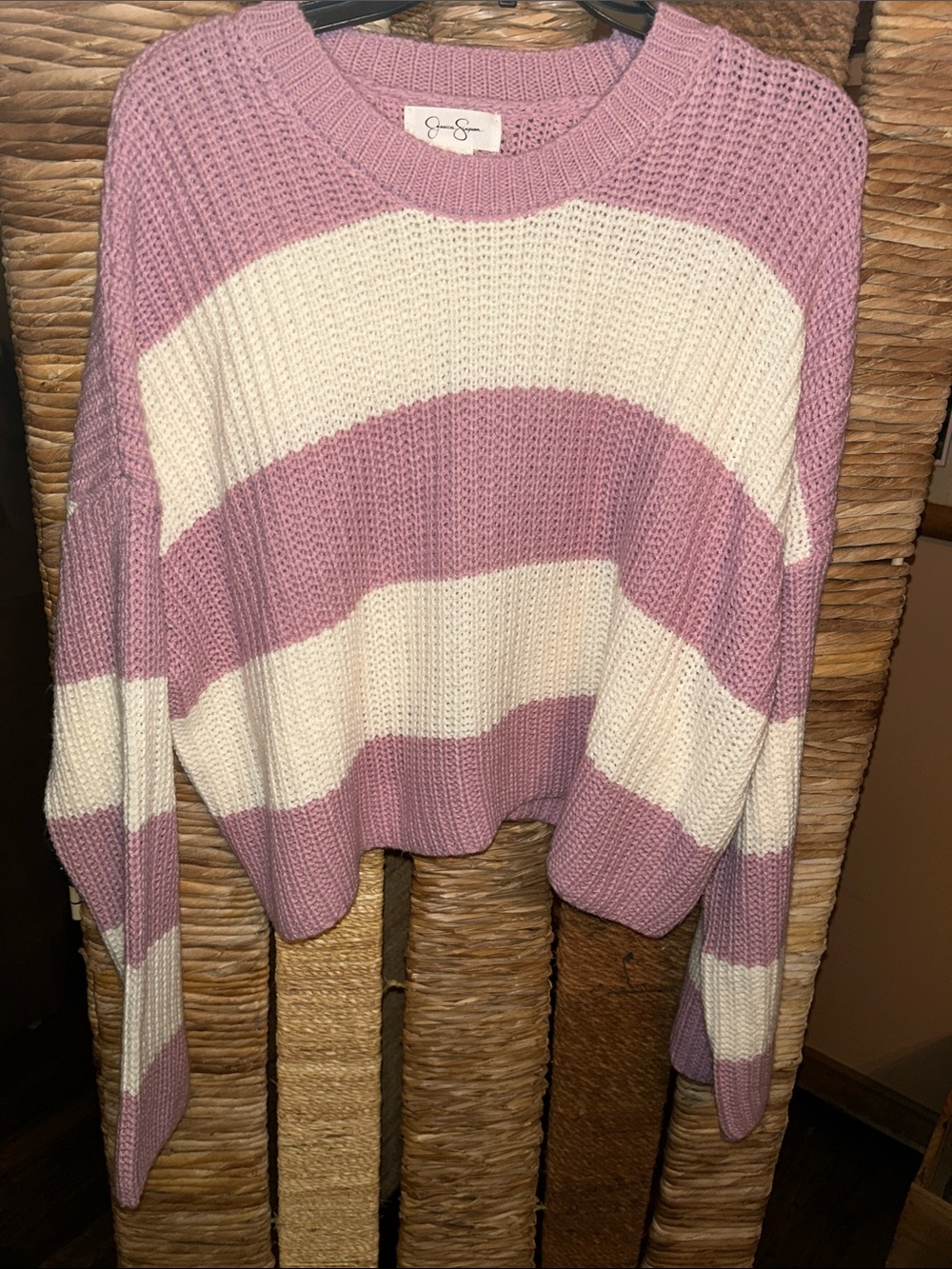 Jessica Simpson Lavender and Cream Striped Crewneck Sweater